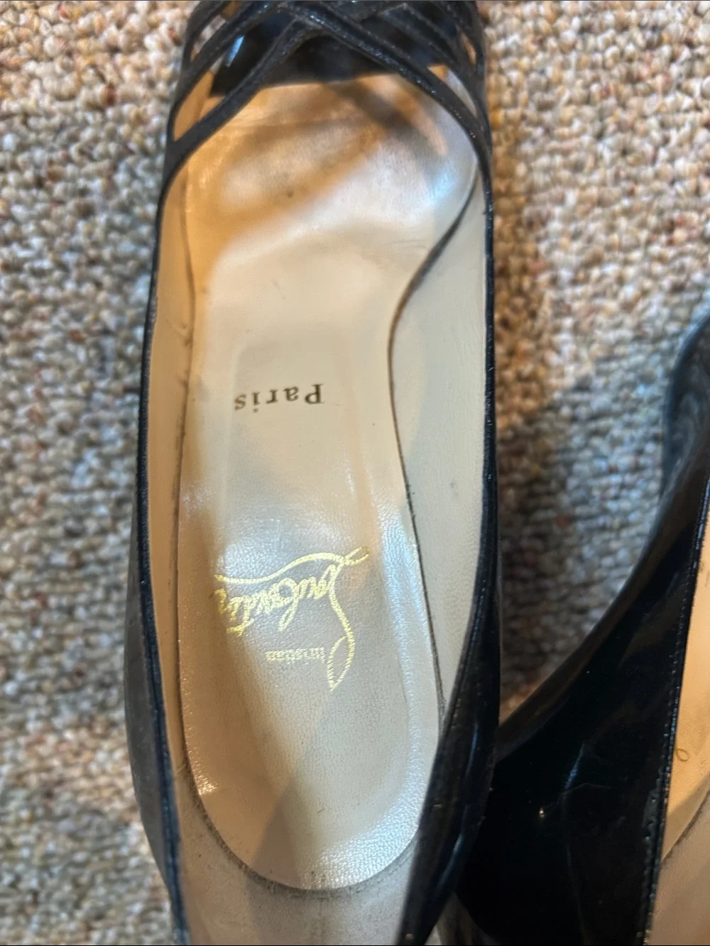 Christian Louboutin Black Patent Leather Weave Peep-Toe Flats